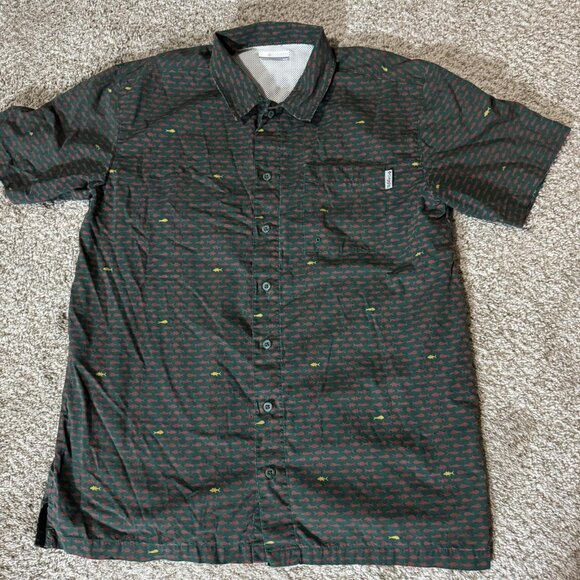 Columbia PFG Shirt Mens Medium Green Fish Print Short Sleeve Button Up Fishing - Picture 1 of 9